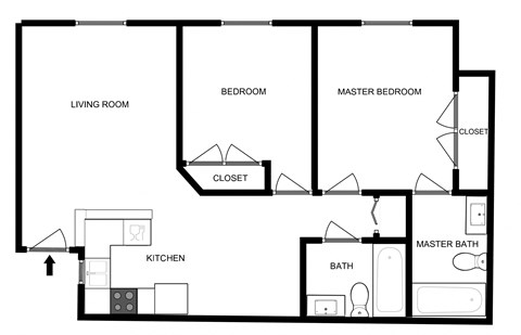 Floor plan for 2 beds, 2 baths, 845 sqft